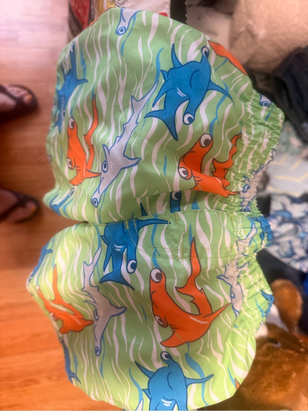 Unbranded Kids Swim Trunks with Blue & Orange Shark Print - Green Base